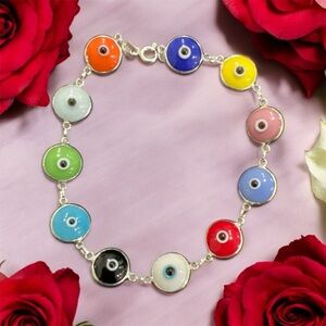 925 Sterling Silver Glass Multicolor Evil Eye Bracelet -New
